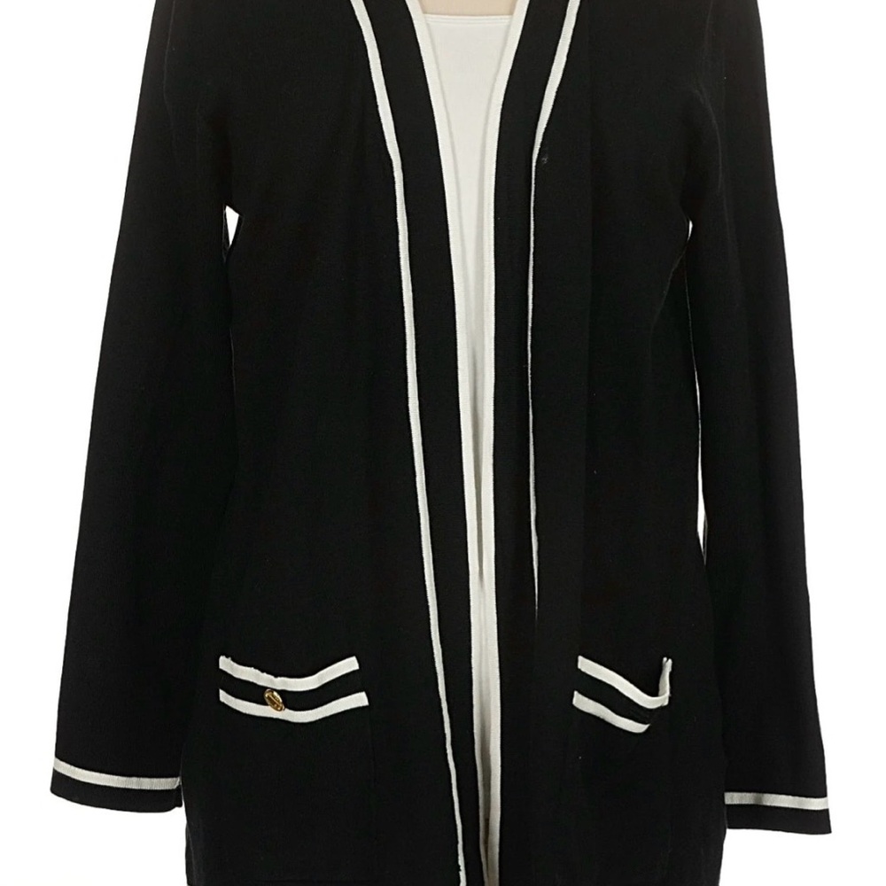 Anne Klein Black Open-Front Women's Sweater Cardigan with White Trim